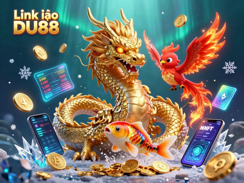 Engage with Link vào DU88 through a vibrant 3D casino illustration showcasing a golden dragon, phoenix, and koi fish amidst coins.